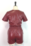 Purplish Red Casual Solid Split Joint O Neck Short Sleeve Two Pieces