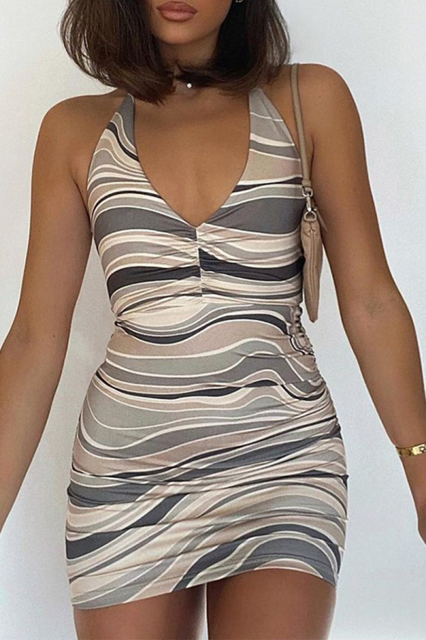 Black Sexy Print Patchwork Halter Pencil Skirt Dresses