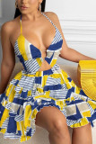 Yellow Blue Sexy Print Bandage Hollowed Out Patchwork Backless Flounce Halter A Line Dresses