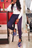 White Casual Print Letter O Neck Long Sleeve Two Pieces