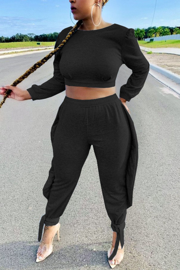Black Casual Solid Bandage O Neck Long Sleeve Two Pieces