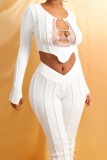 Brown Street Patchwork Hollowed Out See-through O Neck Long Sleeve Two Pieces