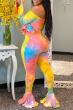 Multicolor Casual Patchwork Tie-dye Bateau Neck Boot Cut Jumpsuits