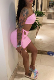 Pink Sexy Print Patchwork Off the Shoulder Sleeveless Two Pieces