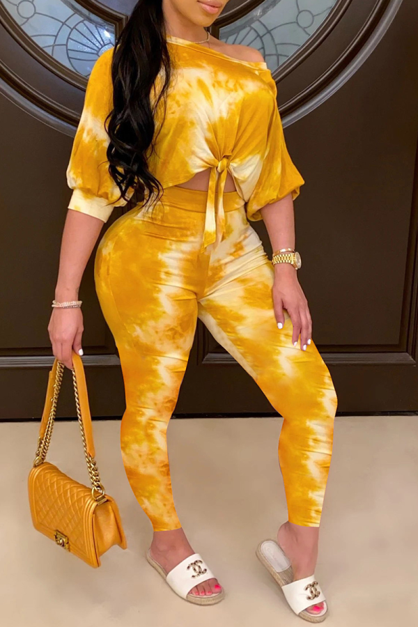 Yellow Casual Print Patchwork O Neck Half Sleeve Two Pieces