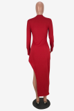 Red Sexy Solid Rivets O Neck Irregular Dress Dresses