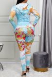 Multicolor Street Print Patchwork Hooded Collar Skinny Jumpsuits