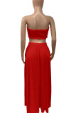 Tangerine Red Casual Solid Patchwork Strapless Sleeveless Two Pieces