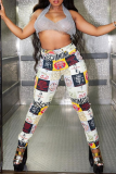 White Casual Print Patchwork Skinny High Waist Pencil Full Print Bottoms