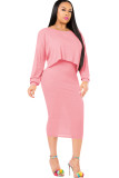 Pink Sexy Two Piece Suits Solid Patchwork pencil Long Sleeve Two-Piece Dress