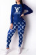 Blue Casual Print O Neck Long Sleeve Two Pieces
