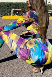 Yellow Fashion Light Print Coloured drawing Long Sleeve O Neck Jumpsuits