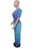 Blue Fashion Casual Gradual Change Print Basic V Neck Regular Jumpsuits