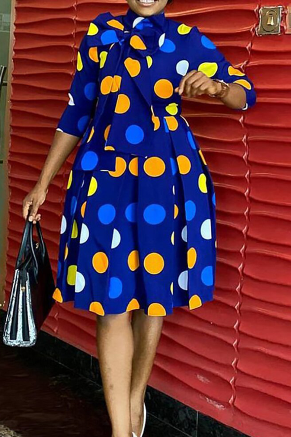 Blue Casual Dot Patchwork Half A Turtleneck Cake Skirt Dresses