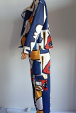 Multicolor Casual Print Patchwork Turndown Collar Long Sleeve Two Pieces