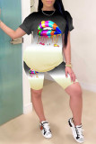 Blue Fashion Casual Gradual Change Lips Printed Basic O Neck Short Sleeve Two Pieces