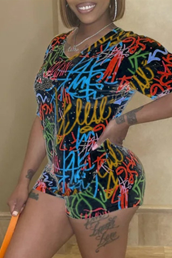 Black Fashion Casual Print Basic O Neck Short Sleeve Two Pieces