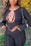 Brown Street Patchwork Hollowed Out See-through O Neck Long Sleeve Two Pieces