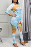 Multicolor Street Print Patchwork Hooded Collar Skinny Jumpsuits