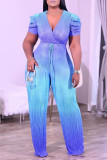 Blue Fashion Casual Gradual Change Print Basic V Neck Regular Jumpsuits