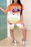 Blue Fashion Casual Gradual Change Lips Printed Basic O Neck Short Sleeve Two Pieces