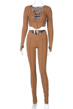 Brown Street Patchwork Hollowed Out See-through O Neck Long Sleeve Two Pieces