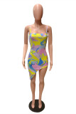 Yellow Fashion Sexy Print Backless Spaghetti Strap Irregular Dress