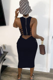 Blue Fashion Casual adult Ma'am White Red Black Blue Off The Shoulder Sleeveless O neck Asymmetrical Mid-Calf Patchwork Solid backless hollow out asymmetrical Dresses