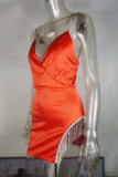 White Fashion Sexy Solid Tassel V Neck Sling Dress