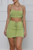 Army Green Sexy Casual Solid Bandage Backless Spaghetti Strap Sleeveless Two Pieces
