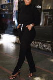 Pink Casual Solid Draw String O Neck Long Sleeve Two Pieces