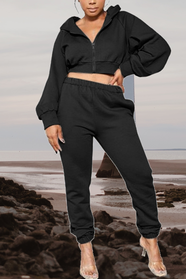 Black Sexy Solid Patchwork Hooded Collar Long Sleeve Two Pieces