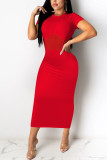 Red Fashion Sexy adult Ma'am Cap Sleeve Short Sleeves O neck Step Skirt Mid-Calf Patchwork Mesh Solid Dresses