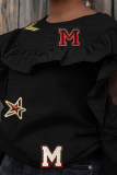 Black Casual Print Hollowed Out Letter O Neck Tops