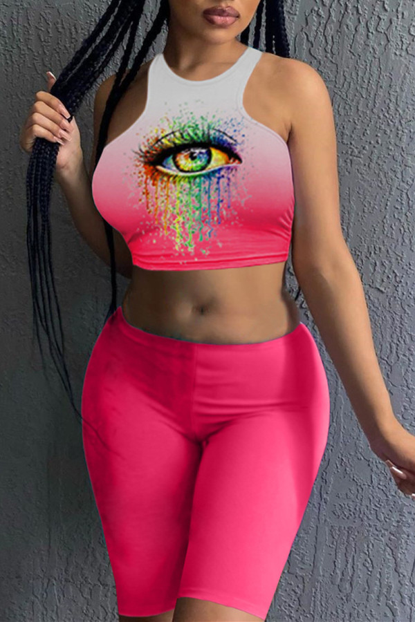 Red Fashion Casual Gradual Change Eyes Printed Basic O Neck Sleeveless Two Pieces