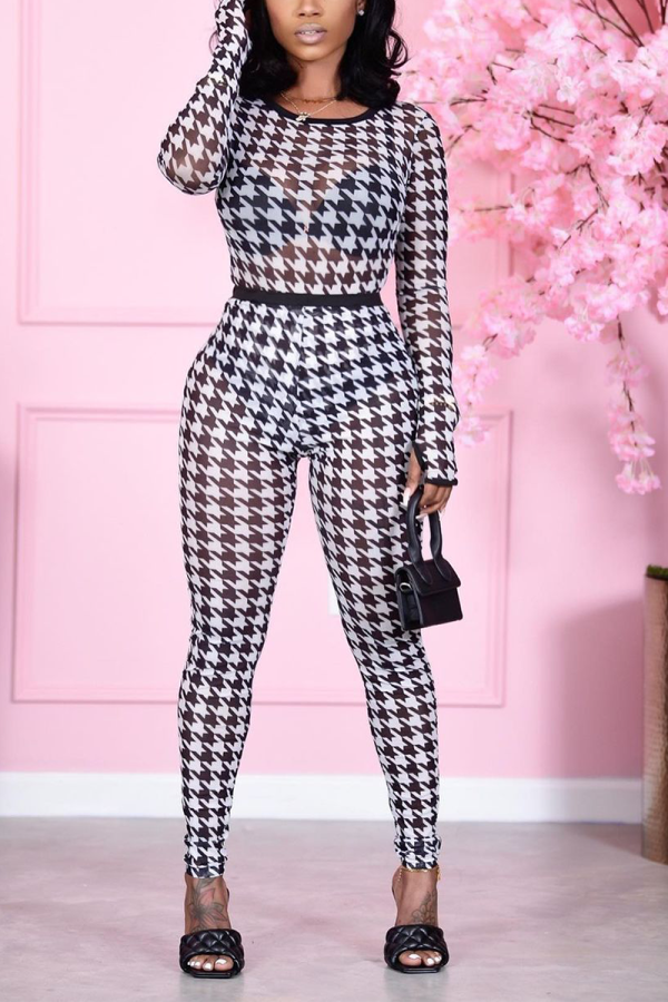 Black Casual Geometric Split Joint See-through O Neck Skinny Jumpsuits