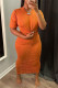 Orange Sexy Casual Solid Hollowed Out Fold O Neck Short Sleeve Dress