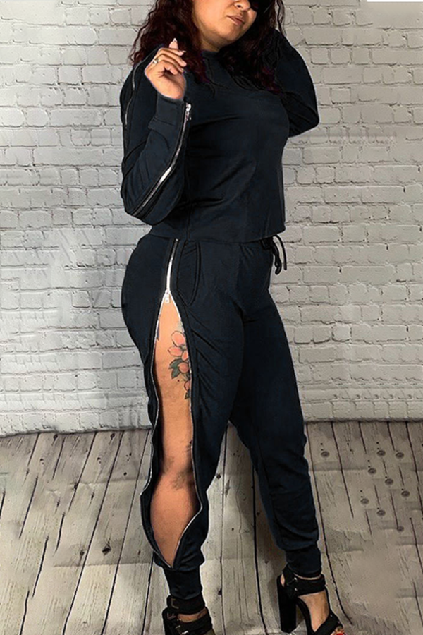 Black Sexy Solid Patchwork O Neck Long Sleeve Two Pieces