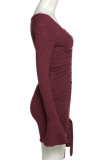 Wine Red Fashion Sexy Solid Draw String V Neck Long Sleeve Dresses