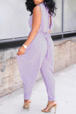 Purple Fashion Casual Solid Backless V Neck Regular Jumpsuits