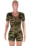 Army Green Fashion Casual Camouflage Print Hollowed Out V Neck Skinny Romper