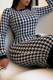 Black White Sexy Print Patchwork O Neck Pencil Skirt Dresses