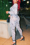Black And White Casual Print Hollowed Out Patchwork O Neck Long Sleeve Two Pieces