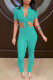 Cyan Sexy Solid Bandage Split Joint Turndown Collar Short Sleeve Two Pieces