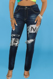 Black Fashion Casual Patchwork Basic Mid Waist Regular Denim Jeans