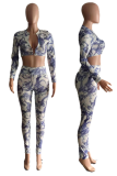 Blue Sexy Patchwork Tie-dye V Neck Long Sleeve Two Pieces