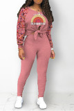 Pink Street Print Bandage Patchwork O Neck Long Sleeve Two Pieces