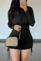 Black Casual Solid Draw String O Neck Pencil Skirt Dresses