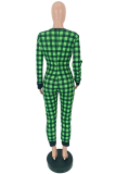 Green Sexy Plaid Patchwork V Neck Skinny Jumpsuits