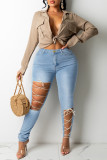 Deep Blue Fashion Casual Solid Ripped Bandage Plus Size Jeans